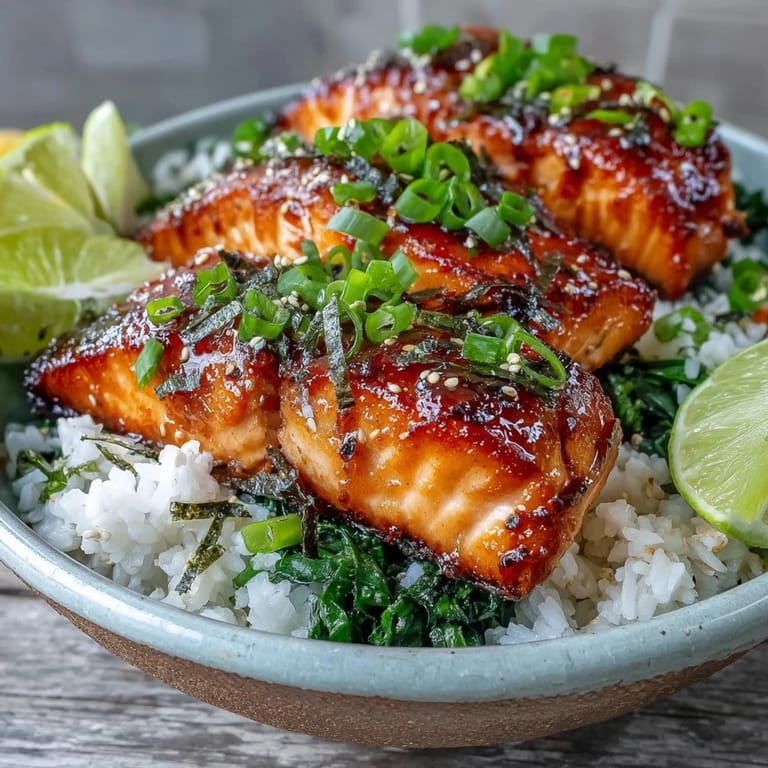 Freshly broiled Miso Glazed Salmon Bowl garnished with green onions, sesame seeds, nori strips, and a lime wedge.