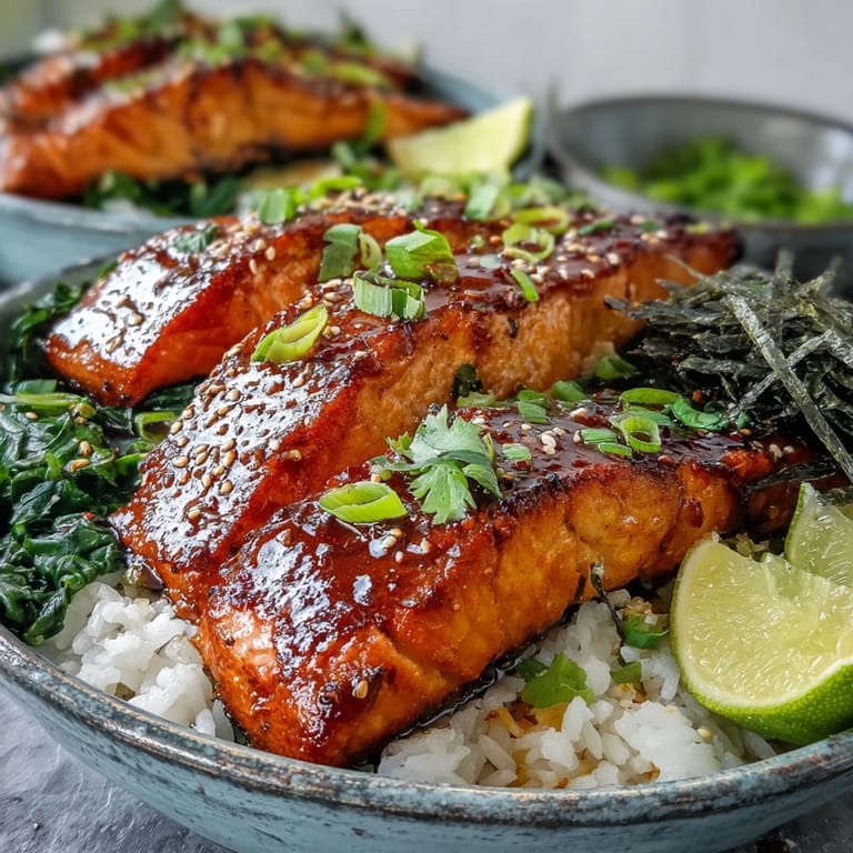 Close-up of a Miso Glazed Salmon Bowl highlighting caramelized glaze on the fish, fluffy rice, and vibrant greens.