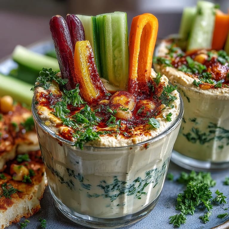Crisp carrots, peppers, and cucumbers standing in creamy hummus cups—easy, nutritious snack for any outing.