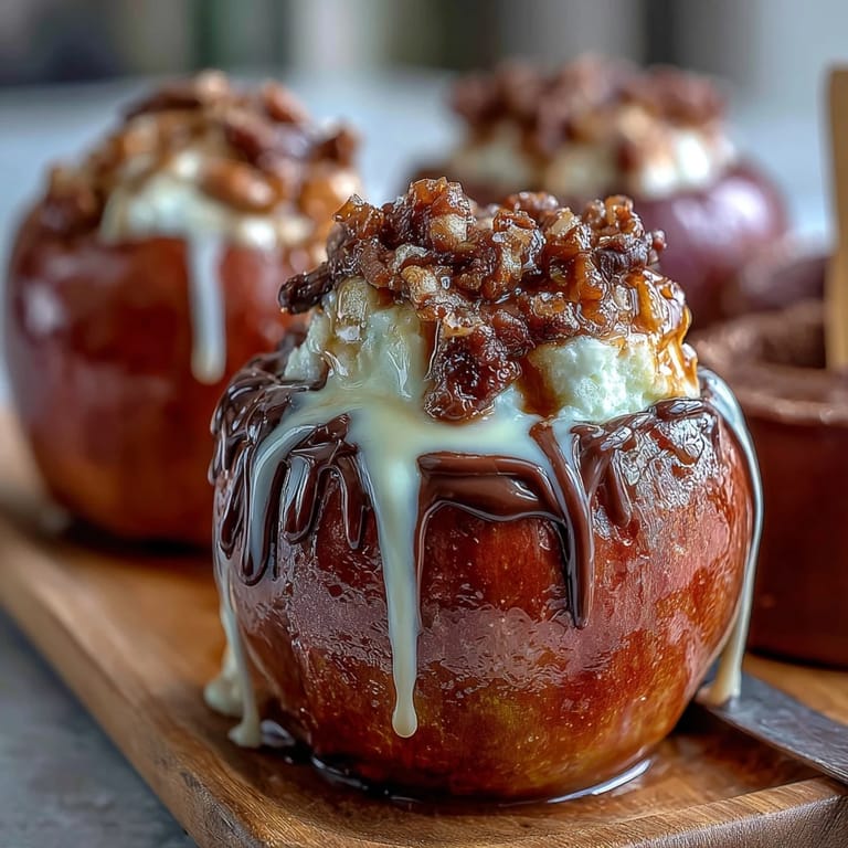 Crisp candy apples coated in bright red shell and finished with white chocolate drizzle.