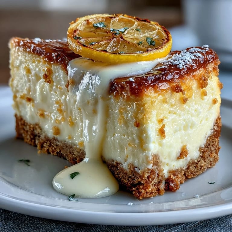 Garnished limoncello cheesecake bars with graham cracker crust, featuring a silky cream cheese filling and vibrant lemon flavor, served chilled for a tangy, indulgent bite.