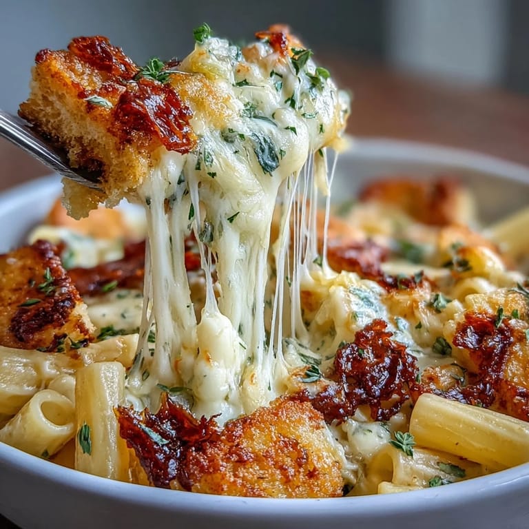 Cheesy One-Pot Pasta Bake featuring gooey mozzarella, tender pasta, and aromatic herbs.