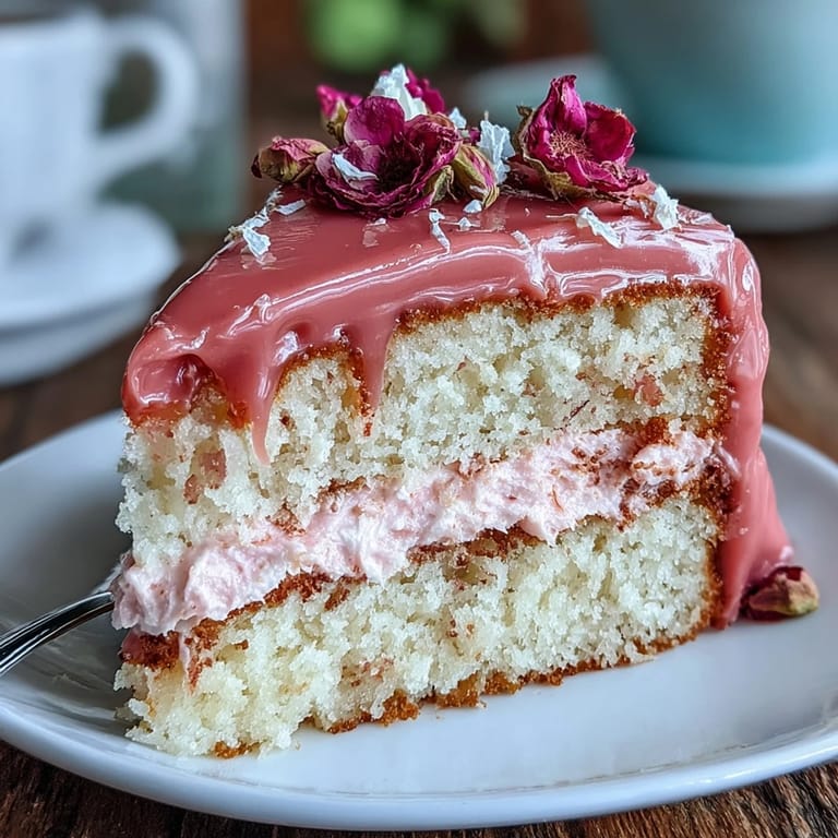 Showstopping Mothers Day dessert featuring tender vanilla sponge, smooth pink gradient frosting, and fresh floral accents.