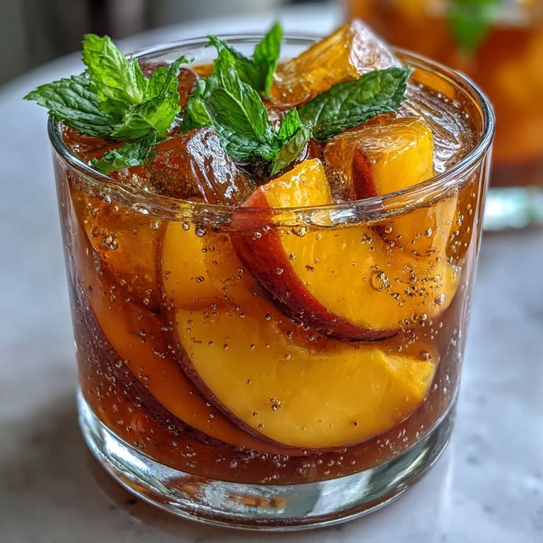 Refreshing mango peach sparkling tea served over ice, garnished with mint and fruit slices for a perfect summer sip.