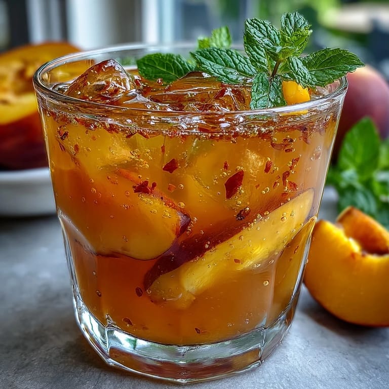 A close-up view of chilled mango peach sparkling tea with sparkling bubbles, ripe fruit, and bright mint garnish.