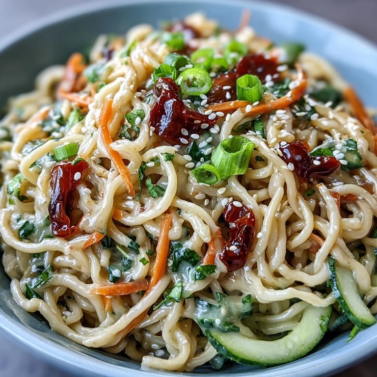 Creamy sesame noodle bowl with cool cucumber slices, julienned carrots, and a drizzle of toasted sesame sauce, perfect for summer.