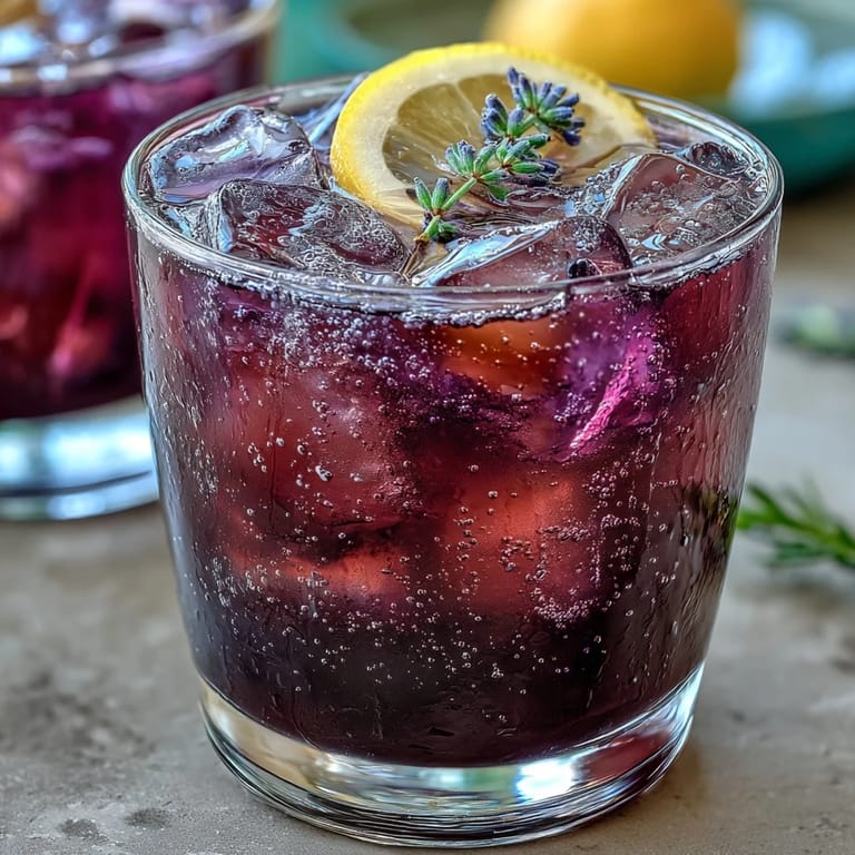 Purple Rain Lavender Lemonade Refresher, a floral and citrusy drink with a stunning purple hue, served over ice.