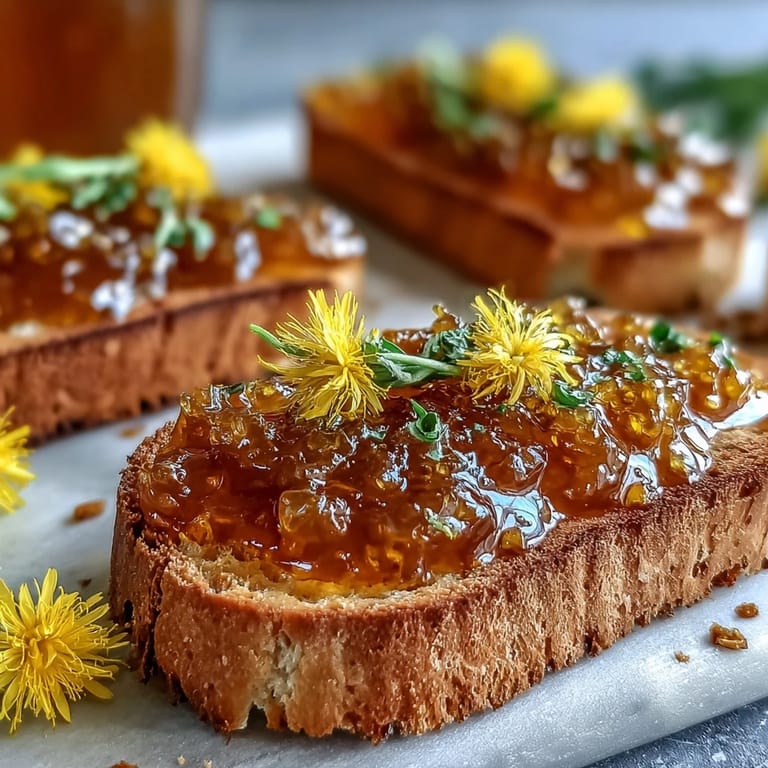 Delicate dandelion jelly spreads smoothly on warm bread, its honey-like floral aroma inviting a taste.