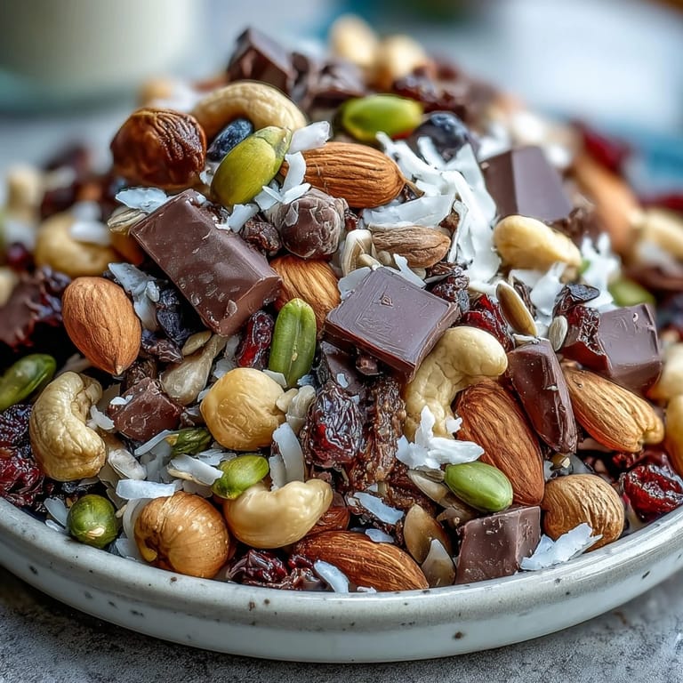 Rich dark chocolate, crunchy nuts, and chewy dried fruits combine in this homemade trail mix for a delicious energy boost.