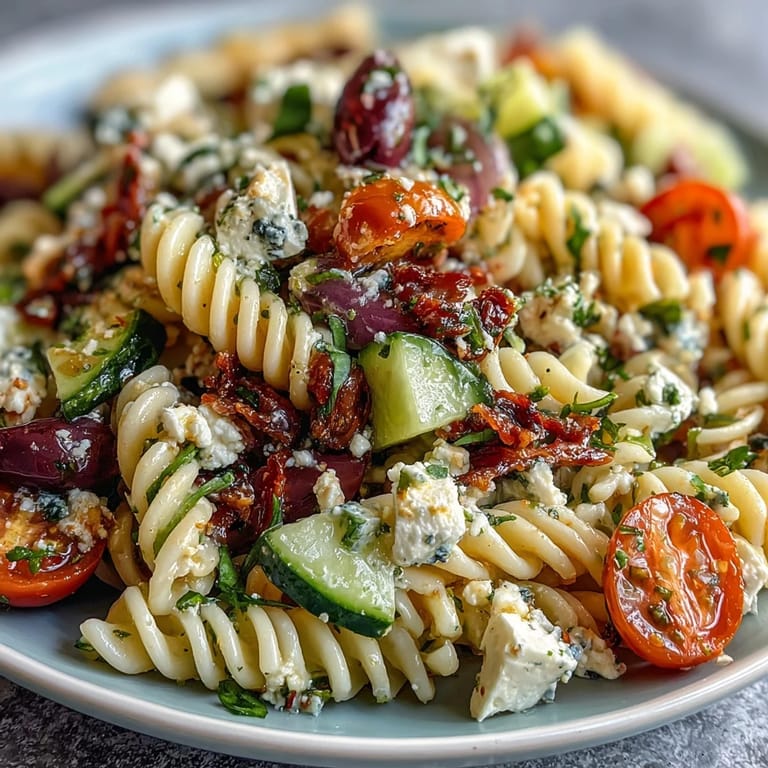 Colorful Greek-style pasta salad with juicy tomatoes, crisp cucumbers, briny olives, and creamy feta, drizzled with zesty olive oil dressing.