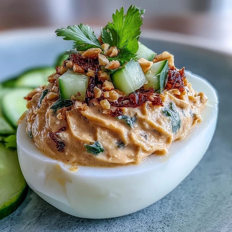 Savory Thai Peanut Deviled Eggs appetizer with vibrant green relish.