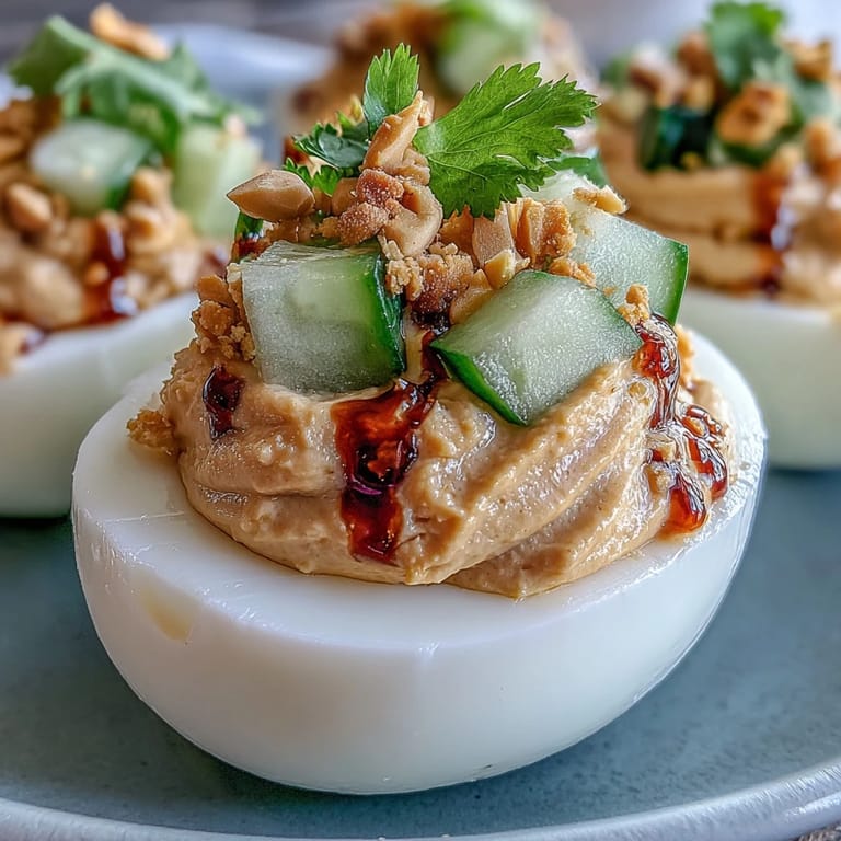 Glistening Thai Peanut Deviled Eggs, a flavorful bite topped with crunch.