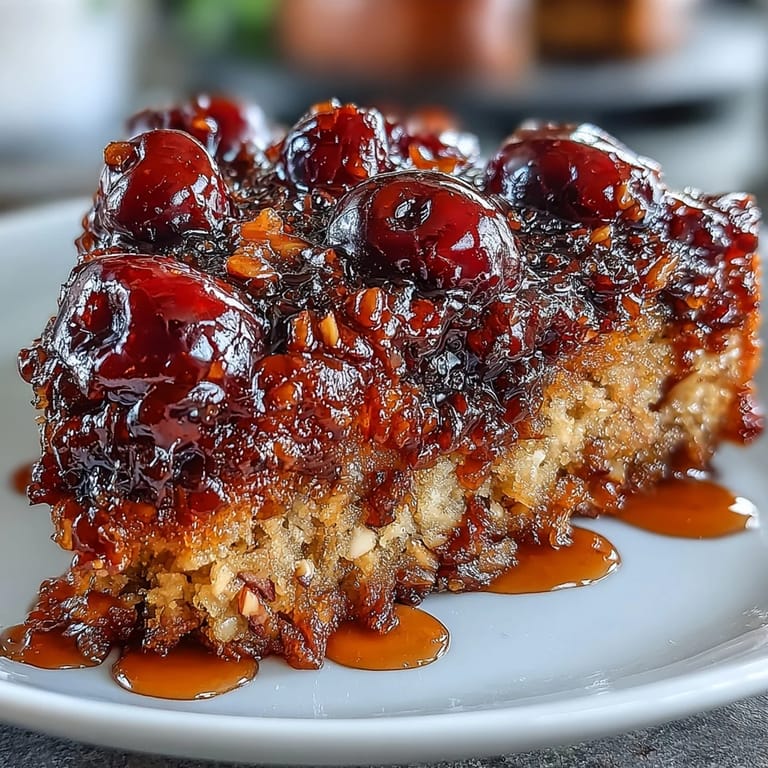 A perfect slice of Cherry Almond Upside-Down Cake, warm and inviting.