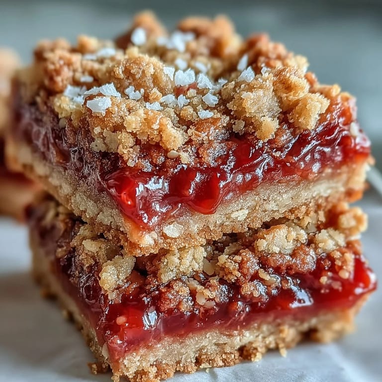 Tangy strawberry rhubarb filling baked between sweet, crumbly oat layers.
