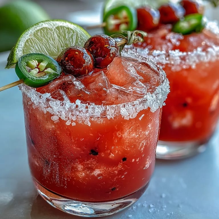 Chilled Cinco de Mayo Watermelon Jalapeño Margarita Mocktail with a salty rim.