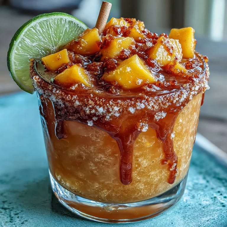 Visually appealing Cinco de Mayo Mangonada features a Tajín rim with fresh mango garnish.