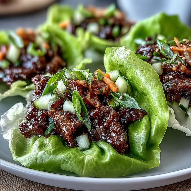 Savory marinated Korean BBQ beef piled high on cool lettuce leaves with crunchy toppings.