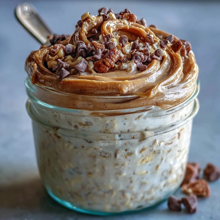 Healthy Protein Cookie Dough Overnight Oats, perfectly chilled, boasting creamy texture and sweet cookie dough flavor.