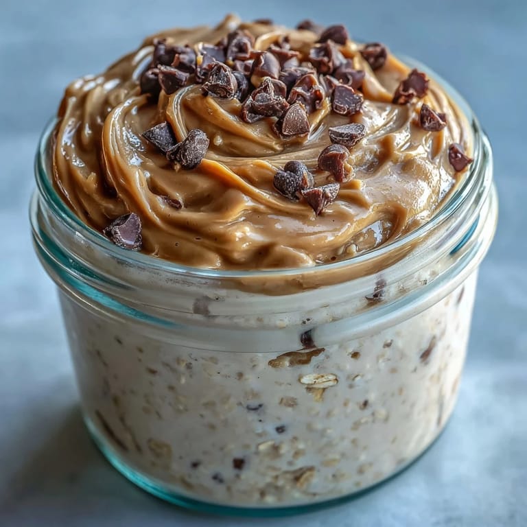 Spoon scooping into a jar of Protein Cookie Dough Overnight Oats, ideal for a satisfying morning meal.