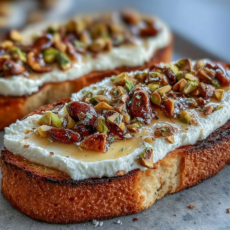 Velvety whipped ricotta toast, a quick, satisfying snack topped with nuts.
