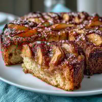 A warm slice of baked apple cake with tender apples and a golden crumb, served on a plate.