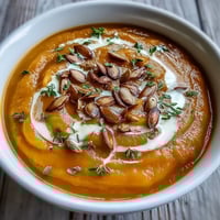 Creamy, golden Butternut Squash and Apple Soup steams in a rustic bowl, garnished with fresh thyme.