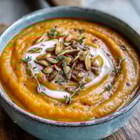 Creamy, golden Easy Roasted Butternut Squash Soup garnished with pumpkin seeds and thyme.