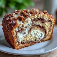Freshly baked Cream Cheese Cinnamon Swirl Banana Bread with a thick cream cheese layer and crumbly cinnamon sugar topping.