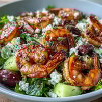 Freshly grilled Greek Shrimp Bowl with crumbled feta, cherry tomatoes, and crisp cucumber slices.