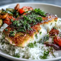 Golden, crispy pan-seared fish rests atop fluffy white rice and vibrant roasted vegetables, drizzled with a bright lemon sauce.