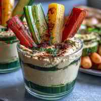 Fresh veggie sticks and creamy hummus in portable snack cups—perfect for healthy on-the-go snacking.