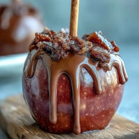 Vibrant red candy apples with glossy coating and delicate white chocolate drizzle.  
