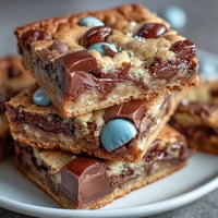 Soft and chewy cookie bars filled with Cadbury mini eggs and pastel M&Ms, perfect for Easter celebrations and spring gatherings.  