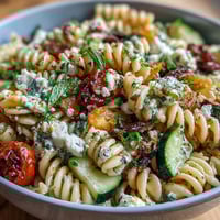 Vibrant Easy Picnic Pasta Salad with Italian Dressing, featuring colorful rotini, fresh vegetables, and mozzarella pearls.