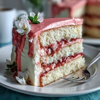 Elegant vanilla layer cake with pink ombre buttercream and edible flowers, perfect for Mothers Day celebrations.