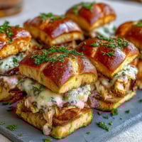 Warm Derby Party Hot Brown Sliders with roast turkey, bacon, and creamy Mornay sauce on golden brioche buns.