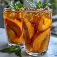 A vibrant glass of mango peach sparkling tea with fresh mint and sliced fruit on a sunny patio table.