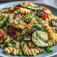 Spring Pasta Primavera with Fresh Veggies in a colorful skillet with seasonal vegetables and herbs.