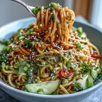 Cold sesame noodle bowl with cucumber, vibrant julienned vegetables, and creamy sesame sauce, garnished with cilantro and sesame seeds.