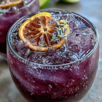 A vibrant glass of Purple Rain Lavender Lemonade Refresher with fresh lemon slices and lavender sprigs.
