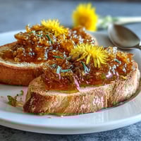 A jar of golden dandelion jelly glistens beside fresh blossoms and a slice of buttered toast.