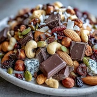 A colorful bowl of homemade trail mix with dark chocolate, almonds, and dried fruits for a satisfying snack.
