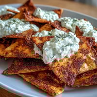Homemade pita chips with tzatziki — crispy, golden wedges paired with cool, garlicky yogurt dip.