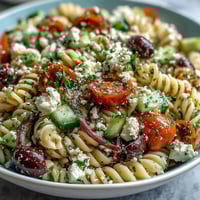 Vibrant summer pasta salad with Greek olives, feta, and fresh vegetables, perfect for picnics and barbecues.