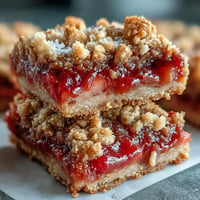 Golden Strawberry Rhubarb Crumble Bars with buttery oat topping, bursting with fruit.