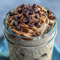 Close-up of Protein Cookie Dough Overnight Oats breakfast in a jar, topped with chocolate chips.