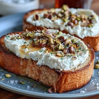 Whipped ricotta toast with honey and pistachios, a creamy breakfast delight.